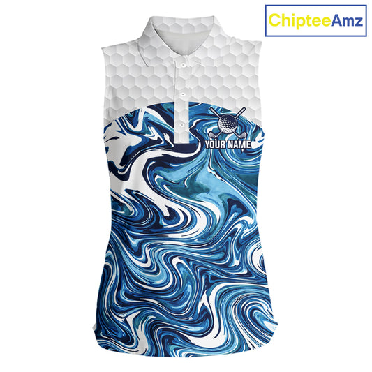 Women Golf Clothing Blue Fluid Pattern Sleeveless Golf Polo Shirt Custom White Golf Ball Golf Upf Shirts NYN2929