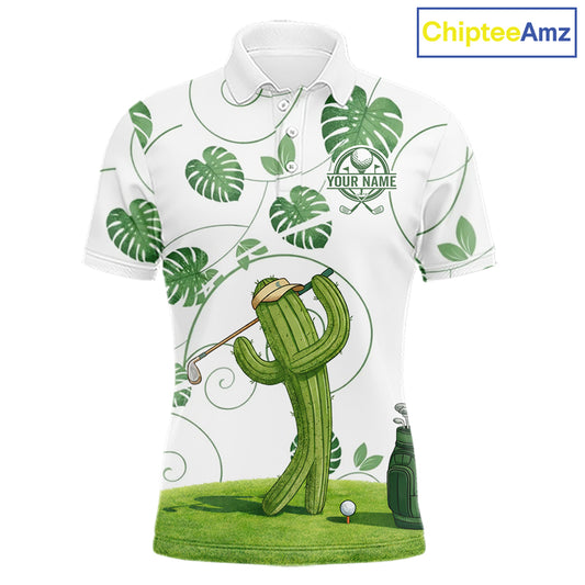 Mens Green Monstera Pattern Golf Clothing Custom Cactus Golfer Funny Mens Golf Polo Shirt NYN2931