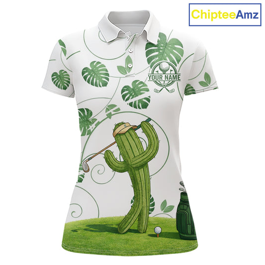 Women Green Monstera Pattern Golf Clothing Custom Cactus Golfer Funny Womens Golf Polo Shirt NYN2931