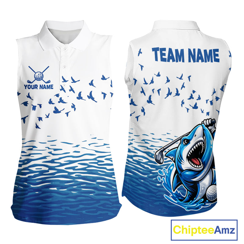 Women Funny Golf Shirts Waving Pattern Sleeveless Golf Clothing Custom Shark Golf Polo, Best Golf Gifts NYN2934