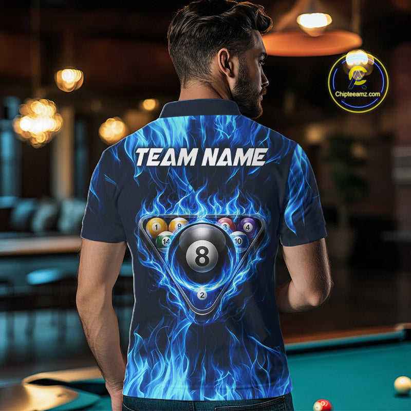 Fire Flame 8 Ball Billiard Shirt For Men Custom Blue Flames Pool Billiard Rack Team Shirt NYN3137