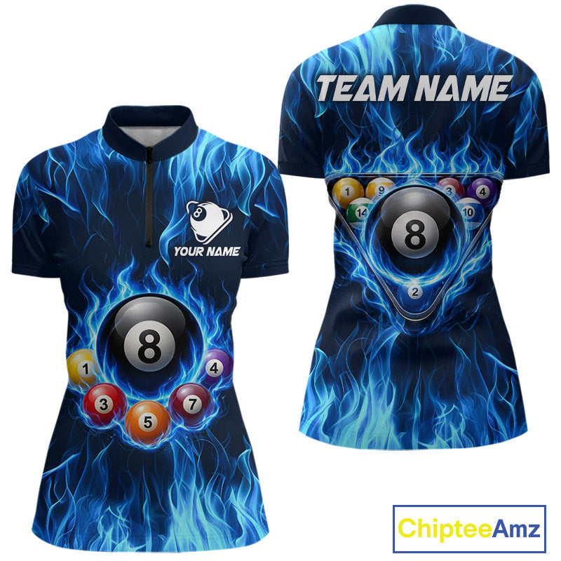 Fire Flame 8 Ball Billiard Shirt For Women Custom Blue Flames Pool Billiard Rack Team Shirt NYN3137