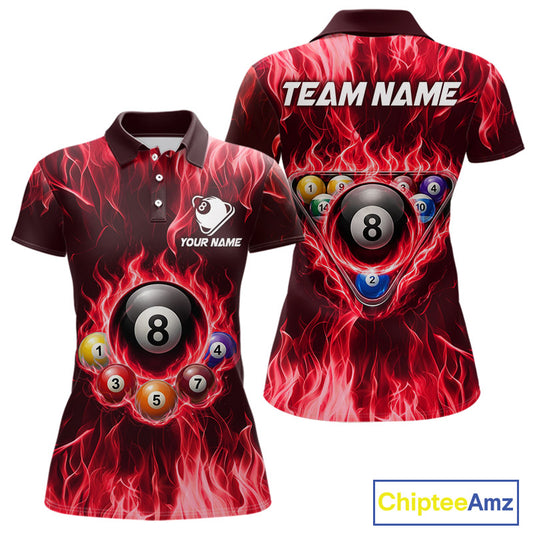 Fire Flame 8 Ball Billiard Shirt For Women Custom Red Flames Pool Billiard Rack Team Shirt NYN3138