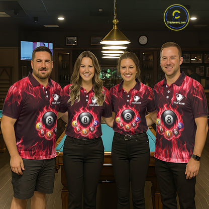 Fire Flame 8 Ball Billiard Shirt For Women Custom Red Flames Pool Billiard Rack Team Shirt NYN3138