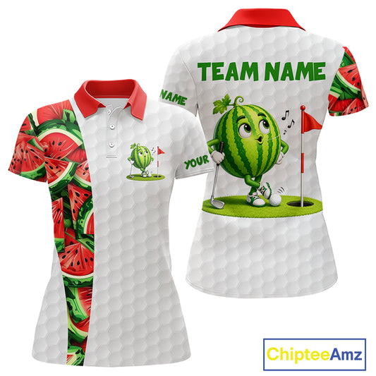 White polo shirt with watermelon design and 'Team Name' text, featuring a cartoon watermelon character holding a golf club.