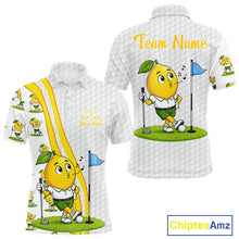 Load image into Gallery viewer, White polo shirt with lemon character design and 'Team Name' text on a white background