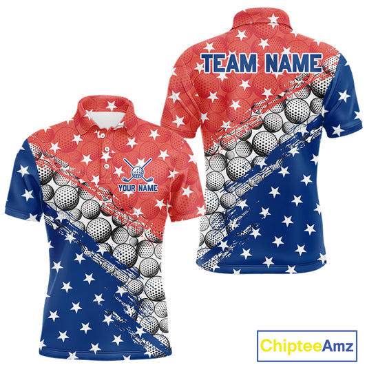 Two polo shirts with American flag and golf ball pattern, featuring 'Team Name' and 'Your Name' text.