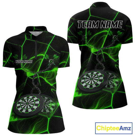 Flame Dartboard & Chains Darts Shirt For Women - Custom Name & Team Jersey | Opt3 - Green NYN0627