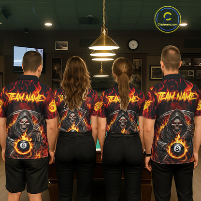 Grim Reaper 8 Ball Billiard Shirt For Men Custom Red Flames 8 Ball Pool Billiard Team Attire NYN3146