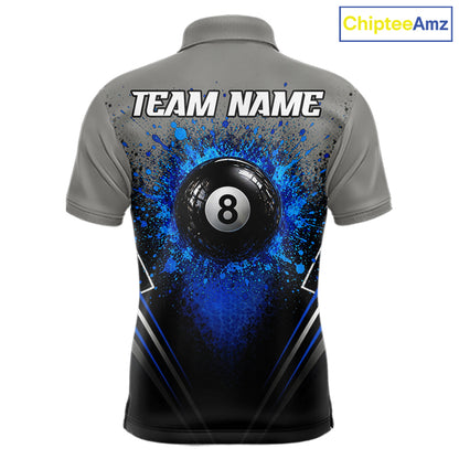 Personalized Grey And Blue Splatter 8 Ball Pool Billiard Shirt For Men Custom Billiard Team Jersey NYN3147