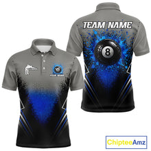 Load image into Gallery viewer, Personalized Grey And Blue Splatter 8 Ball Pool Billiard Shirt For Men Custom Billiard Team Jersey NYN3147