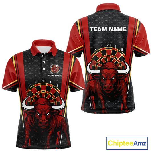 Red Powerful Bull Darts Dartboard Shirt For Men - Custom Team & Player Name NYN0359