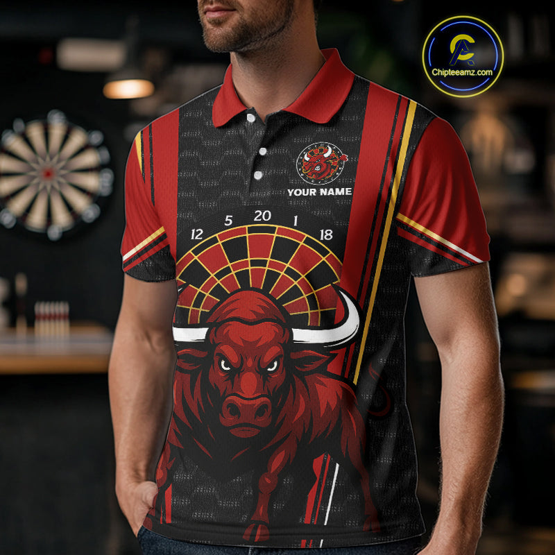 Red Powerful Bull Darts Dartboard Shirt For Men - Custom Team & Player Name NYN0359