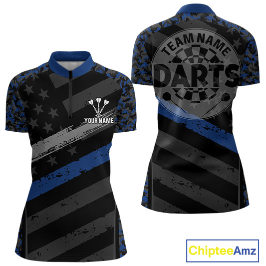 Grey Darts & Azure Camo Pattern Darts Shirt For Women - Custom Team & Player Name NYN0360