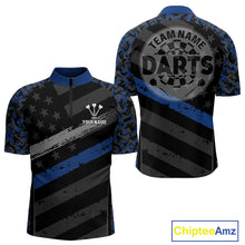 Load image into Gallery viewer, Grey Darts &amp; Azure Camo Pattern Darts Shirt For Men - Custom Team &amp; Player Name NYN0360