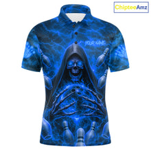 Load image into Gallery viewer, Lightning Thunder Skull Reaper Bowling Polo Shirt For Men Custom Team Bowling League Jersey Personalized Bowler Uniform Blue Skull Bowling Apparel