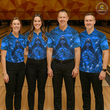 Load image into Gallery viewer, Men women bowling team wearing Blue Lightning Thunder Skull Reaper custom bowling jerseys matching bowling league uniforms tournament apparel