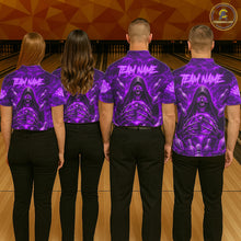 Load image into Gallery viewer, Men women bowling team wearing Purple Lightning Thunder Skull Reaper bowling jerseys matching bowling tournament uniforms