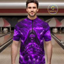 Load image into Gallery viewer, Male bowler wearing Purple Lightning Thunder Skull Reaper bowling jersey custom bowling league apparel