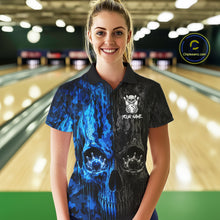 Load image into Gallery viewer, Female bowler wearing Blue And Black Camouflage Skull bowling jersey personalized bowling team uniform