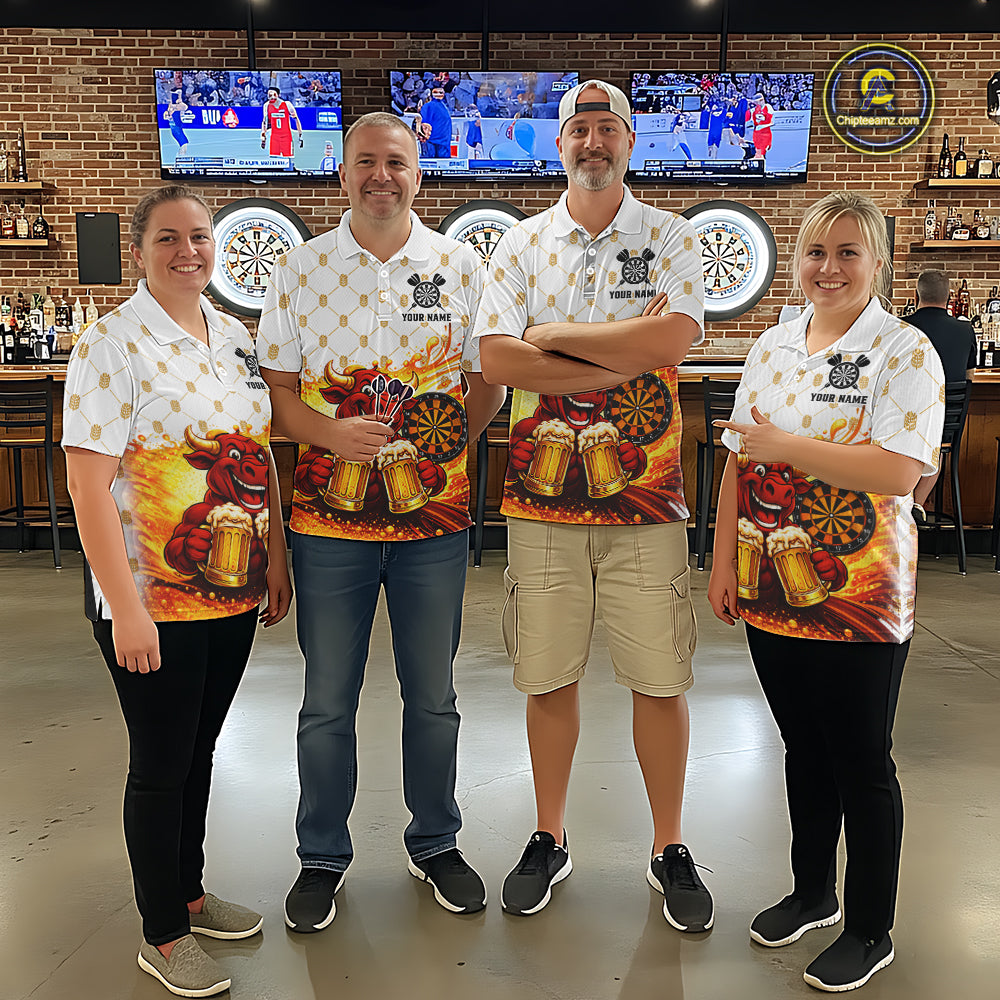 Bull & Cheer Beers Dartboard Custom Funny Darts Polo Shirts Women Dart Team Jerseys | White NYN2273