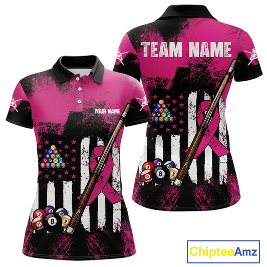 Pink Ribbon Grunge US Flag Patriotic Women Billiard Shirts Custom Breast Cancer Billiard Jerseys  NYN2943