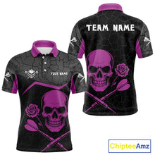Load image into Gallery viewer, Purple Roses Skull &amp; Black Cracked Pattern Darts Shirt For Men - Custom Team Name NYN0375