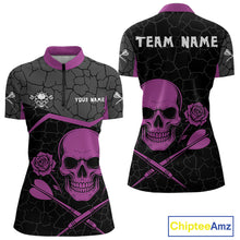 Load image into Gallery viewer, Purple Roses Skull &amp; Black Cracked Pattern Darts Shirt For Women - Custom Team Name NYN0375