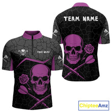 Load image into Gallery viewer, Purple Roses Skull &amp; Black Cracked Pattern Darts Shirt For Men - Custom Team Name NYN0375