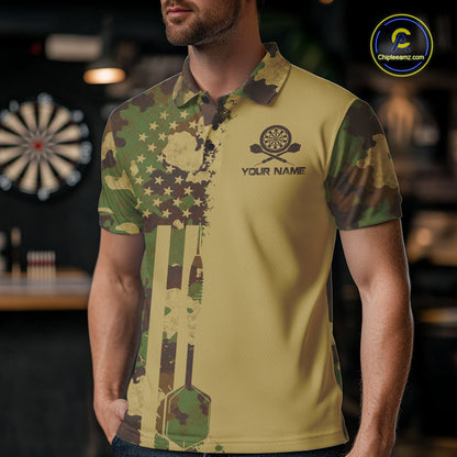 Male model wearing Green Beige Camo dart polo during league event, military-inspired dart jersey