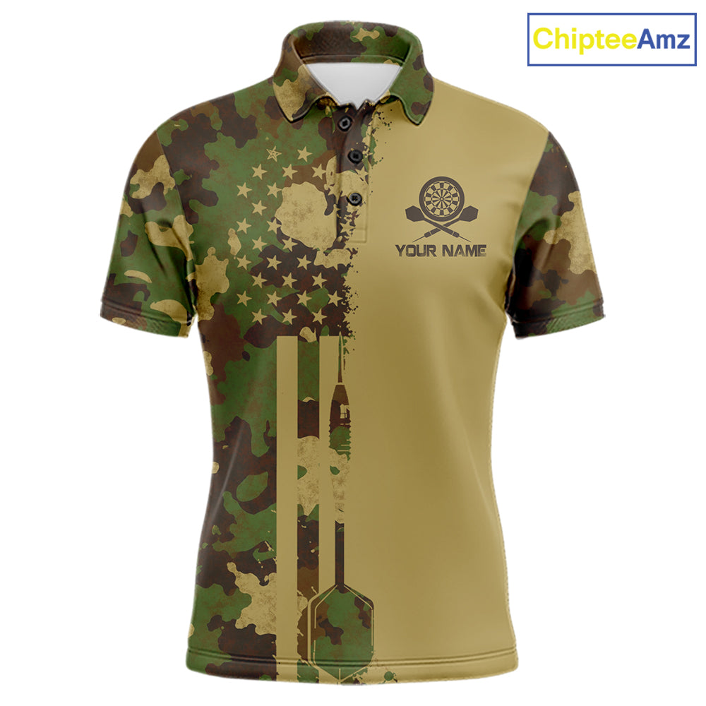 Green Beige Camo Men's Dart Polo Shirt, Personalized Patriot Dart League Jersey, Tactical Athletic Apparel