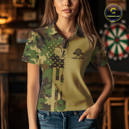 Female model wearing Green Beige Camo dart polo, patriotic tactical sports apparel, confidence, outdoor lifestyle
