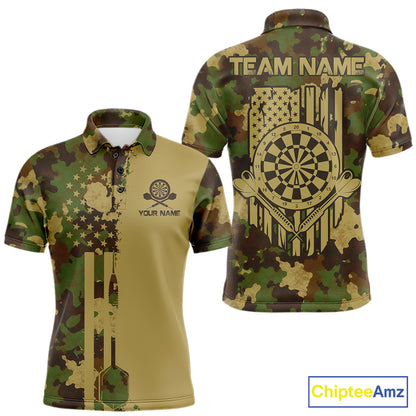 Green Beige Camo Men's Dart Polo Shirt, Personalized Patriot Dart League Jersey, Tactical Athletic Apparel