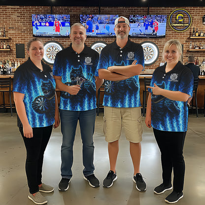 Personalized Blue Flames Bulldog Dartboard Men Darts Polo Shirt Custom Funny Darts Jerseys NYN2581