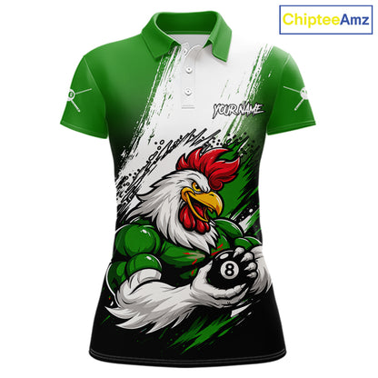 Personalized Funny Rooster 8 Ball Billiard Pool Shirt Custom Green Grunge Billiard Attire For Women NYN2952