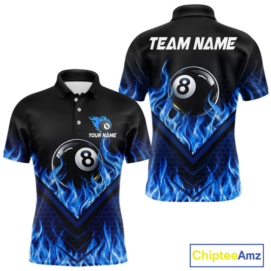 Blue Flaming Hexagon 8 Ball Billiard Pool Shirt For Men Custom Billiard Polo & 1/4 Zip Team Attire NYN3161