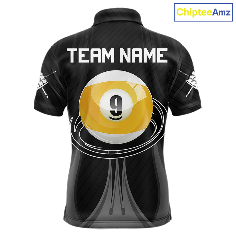 Personalized 9 Ball Billiard Polo Shirt For Men, Black Pool Team Jersey, Custom Pool League Shirt, Professional Billiards Apparel, Tournament Uniform