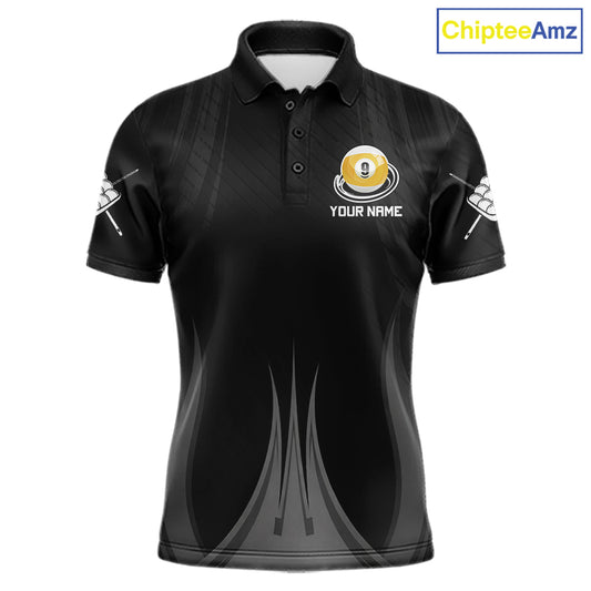 Personalized 9 Ball Billiard Polo Shirt For Men, Black Pool Team Jersey, Custom Pool League Shirt, Professional Billiards Apparel, Tournament Uniform