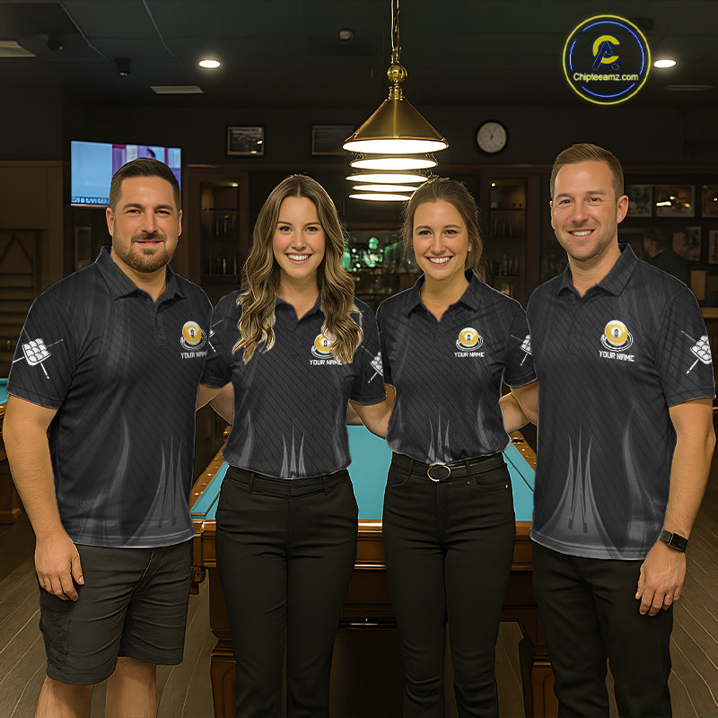 Men women billiard team wearing matching Black 9 Ball custom billiard uniforms