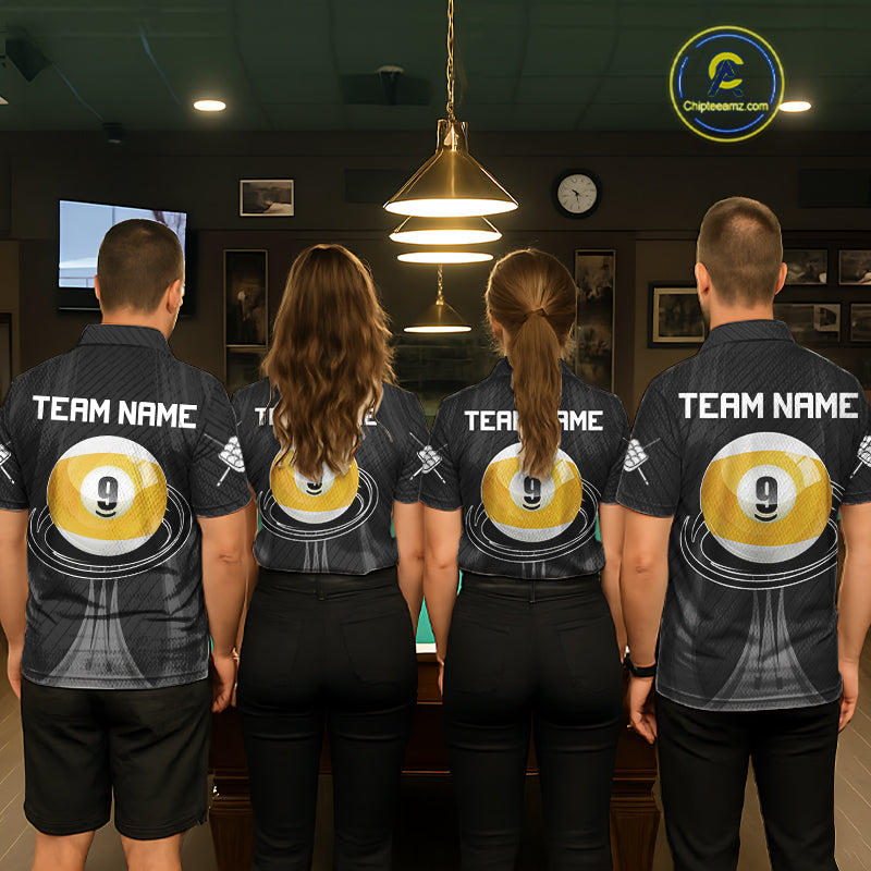 Men women billiard team wearing matching Black 9 Ball custom billiard uniforms