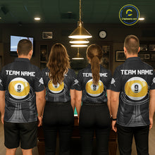Load image into Gallery viewer, Men women billiard team wearing matching Black 9 Ball custom billiard uniforms