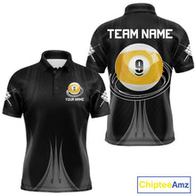 Load image into Gallery viewer, Personalized 9 Ball Billiard Polo Shirt For Men, Black Pool Team Jersey, Custom Pool League Shirt, Professional Billiards Apparel, Tournament Uniform