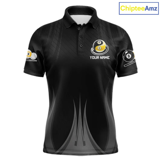 Personalized 8 Ball And 9 Ball Billiard Polo Shirt For Men, Black Pool Team Jersey, Custom Billiards League Apparel, Tournament Shirt