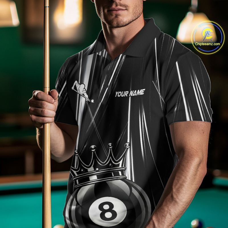 Male Pool Player Wearing Crown 8 Ball Billiard Shirt, Custom Pool Team Clothing, League Apparel
