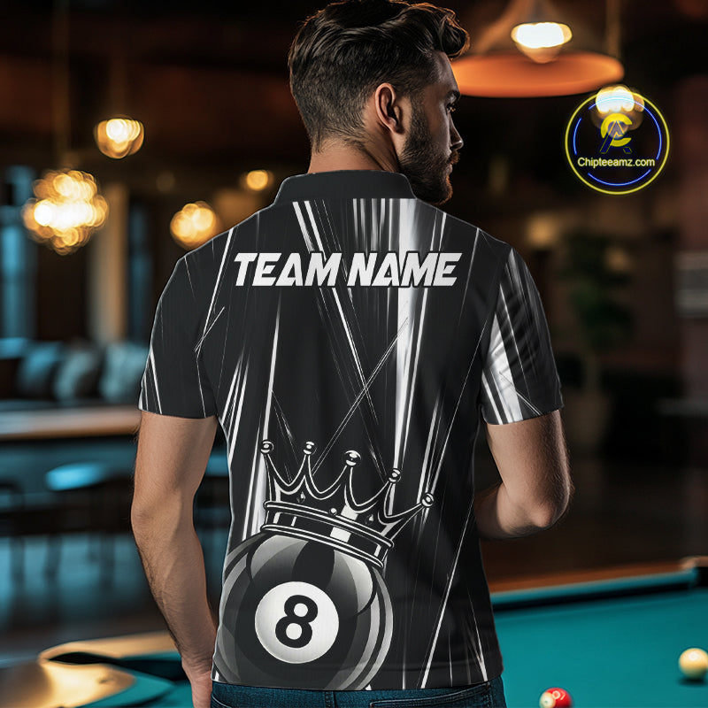 Male Pool Player Wearing Crown 8 Ball Billiard Shirt, Custom Pool Team Clothing, League Apparel