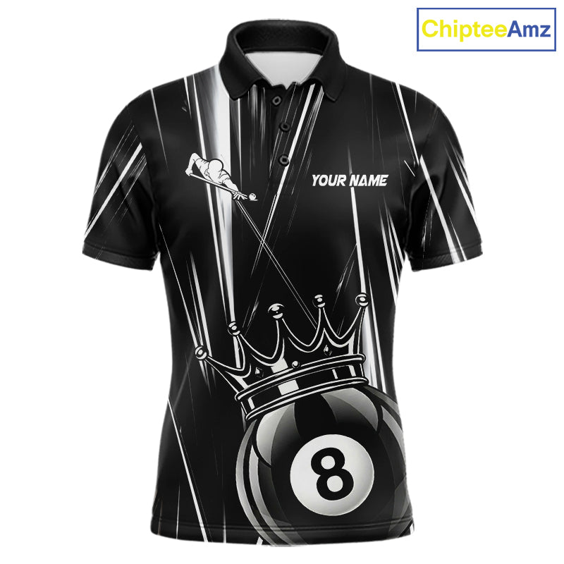 Black And White Crown 8 Ball Billiard Polo Shirt For Men, Lightning Pool Team Jersey, Custom Billiards Apparel