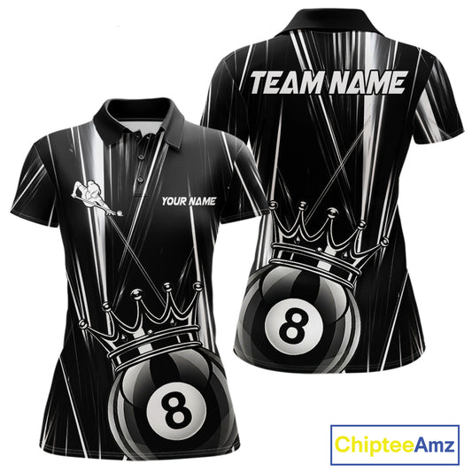 Black White Crown 8 Ball Women's Billiard Polo Shirt Custom Lightning Pool Team Jersey