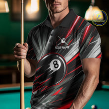 Load image into Gallery viewer, Male Pool Player Wearing Thunder Red 8 Ball Billiard Shirt, Competitive Pool League Apparel