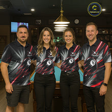 Load image into Gallery viewer, Men women billiard team wearing Thunder Red 8 Ball Strike pool league jerseys