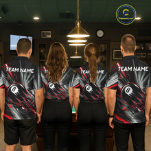 Load image into Gallery viewer, Men women billiard team wearing Thunder Red 8 Ball Strike pool league jerseys